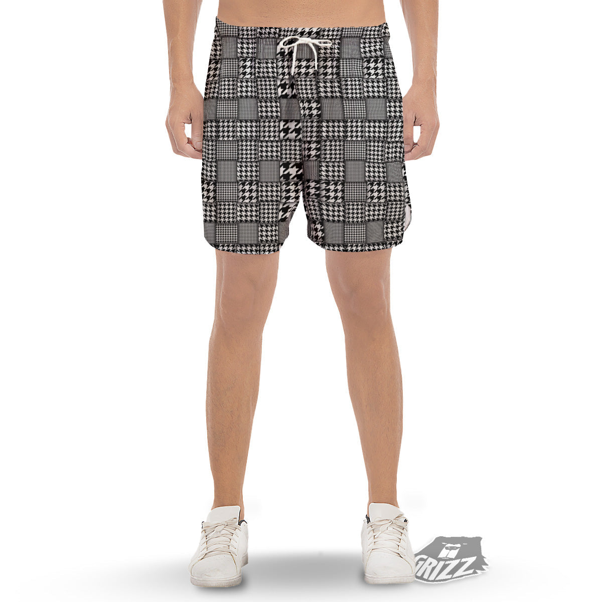 Geometric Patchwork Houndstooth Print Pattern Men's Gym Shorts-grizzshop