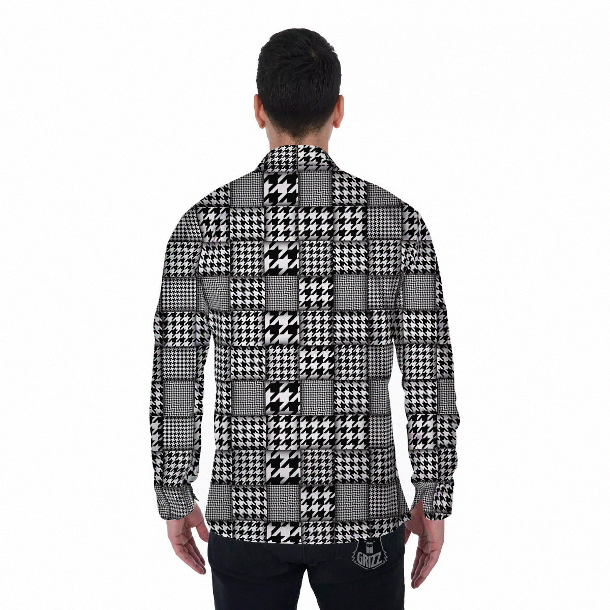 Geometric Patchwork Houndstooth Print Pattern Men's Long Sleeve Shirts-grizzshop