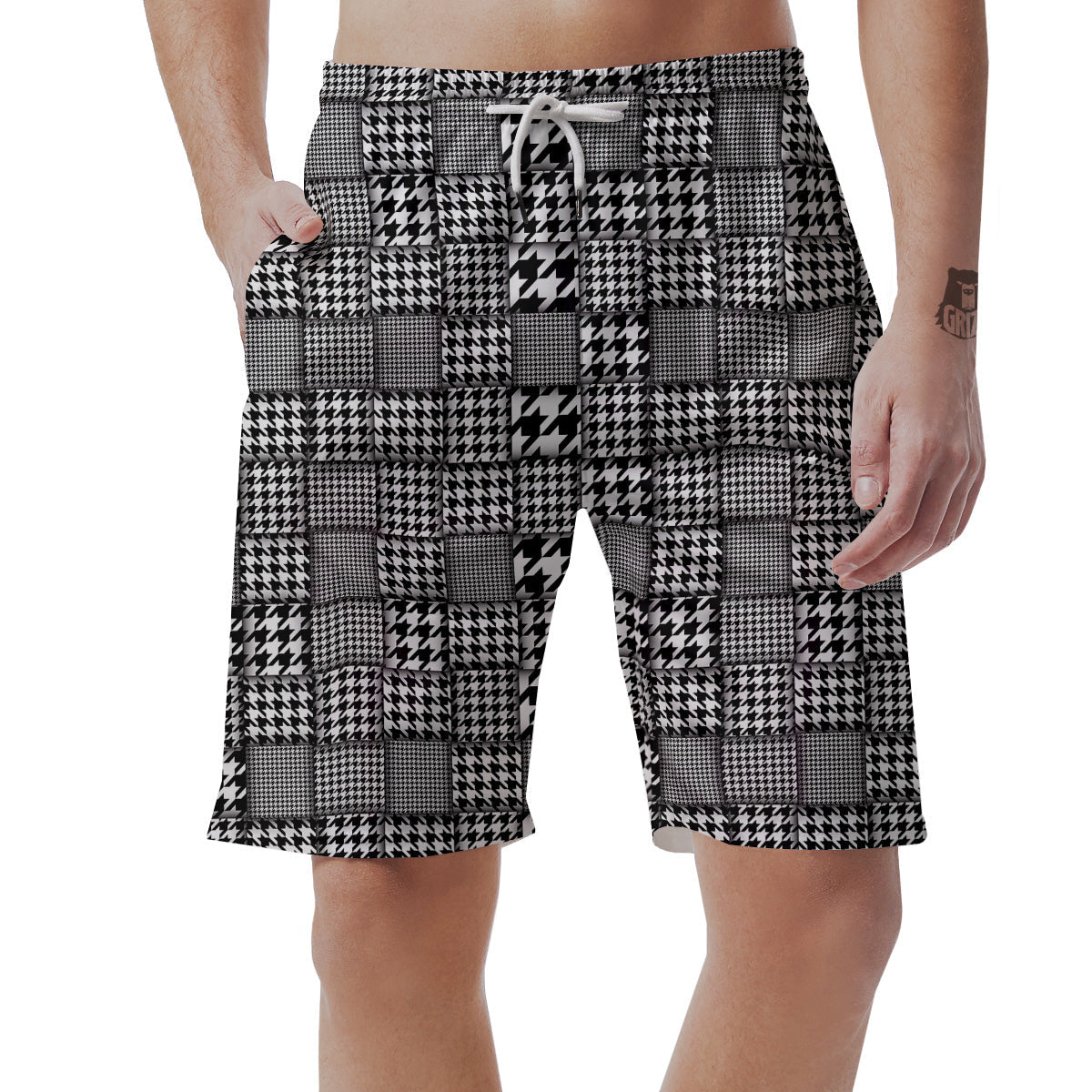 Geometric Patchwork Houndstooth Print Pattern Men's Shorts-grizzshop