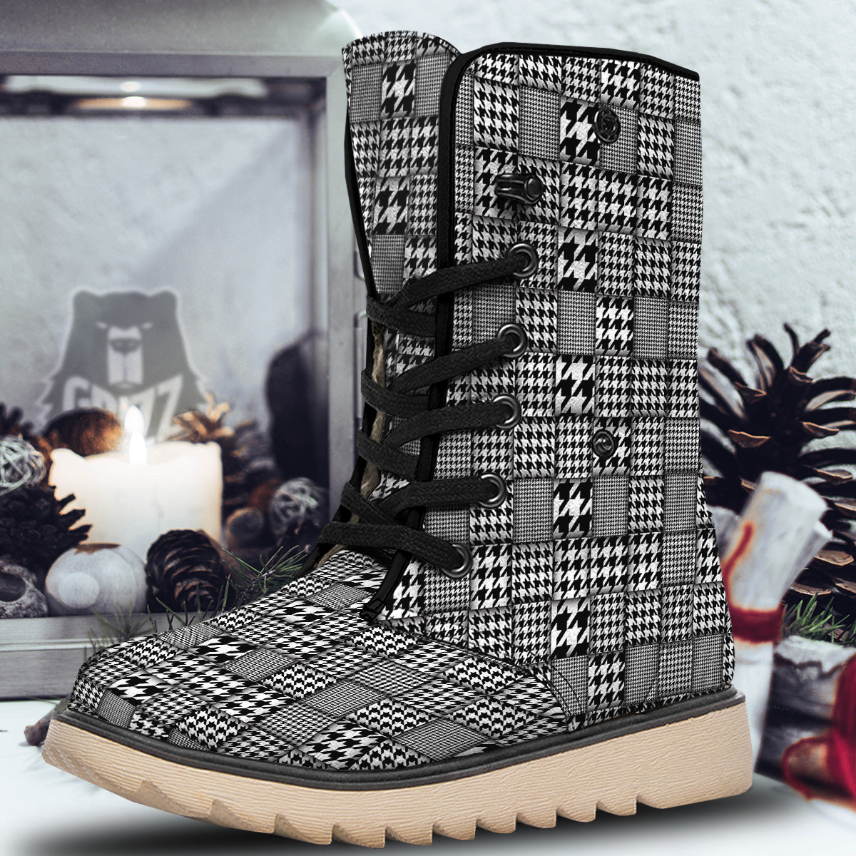 Geometric Patchwork Houndstooth Print Pattern Snow Boots-grizzshop