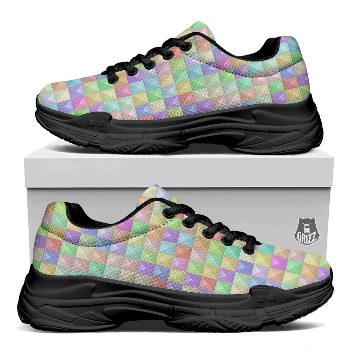 Geometric Polygonal Colorful Print Black Chunky Shoes-grizzshop