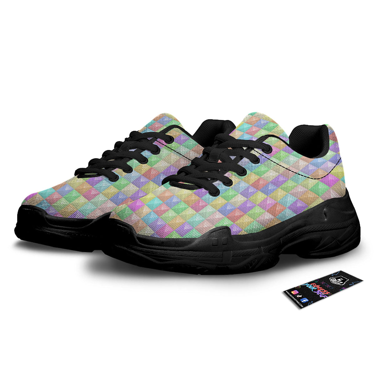 Geometric Polygonal Colorful Print Black Chunky Shoes-grizzshop