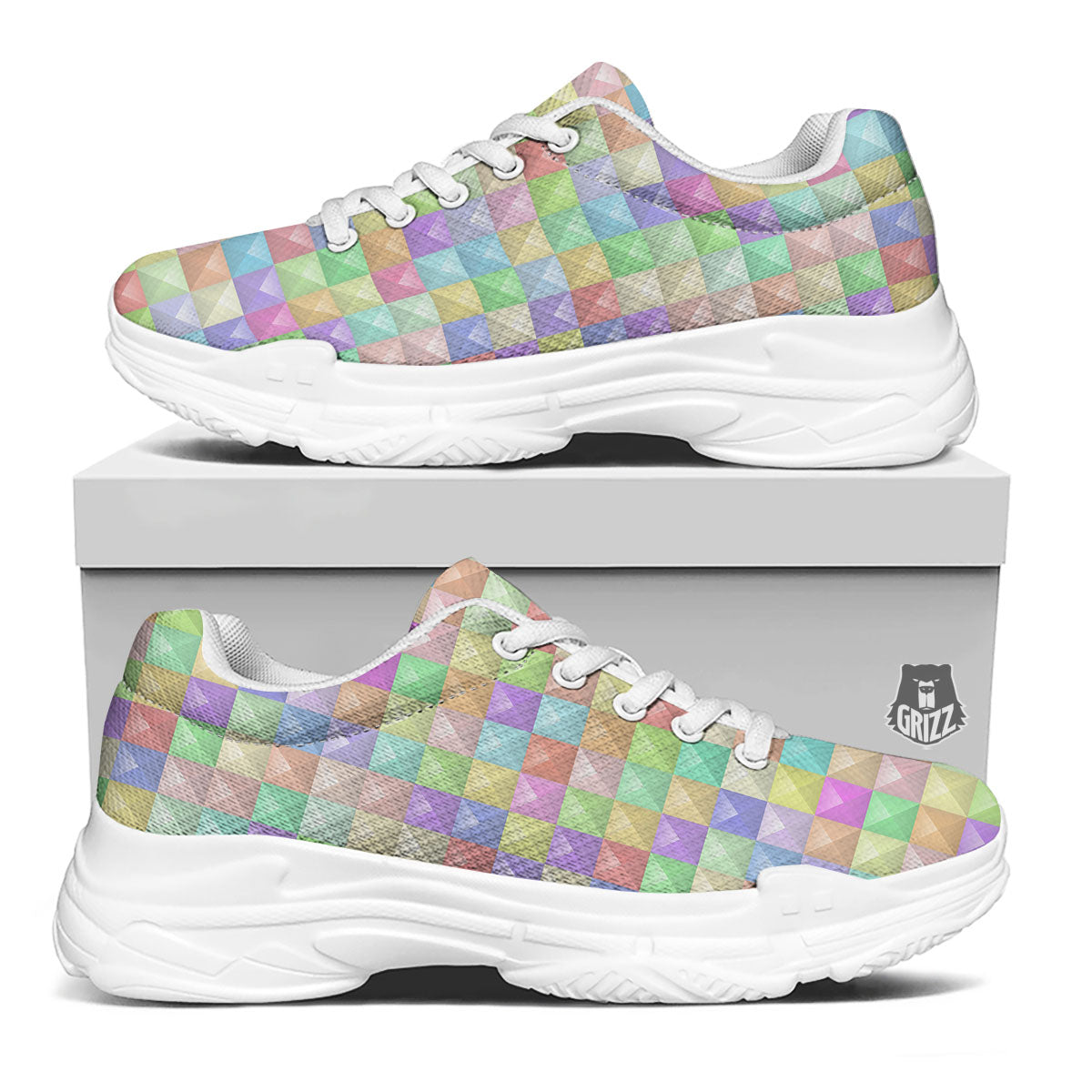 Geometric Polygonal Colorful Print White Chunky Shoes-grizzshop