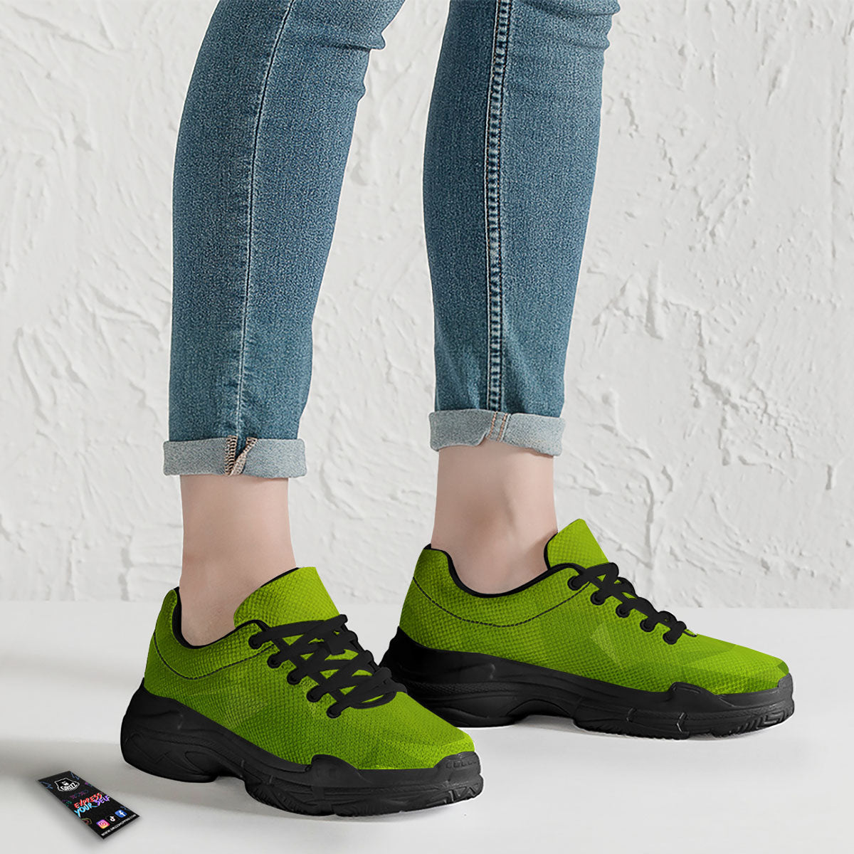 Geometric Polygonal Green Print Black Chunky Shoes-grizzshop