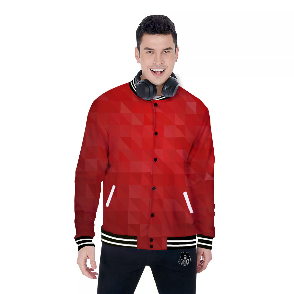 Geometric Red Polygonal Print Baseball Jacket-grizzshop