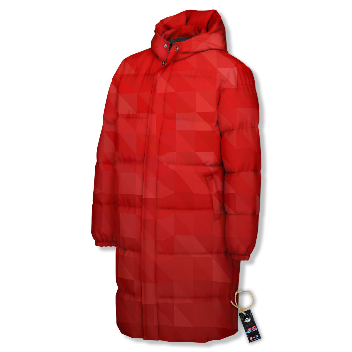 Geometric Red Polygonal Print Long Down Jacket-grizzshop