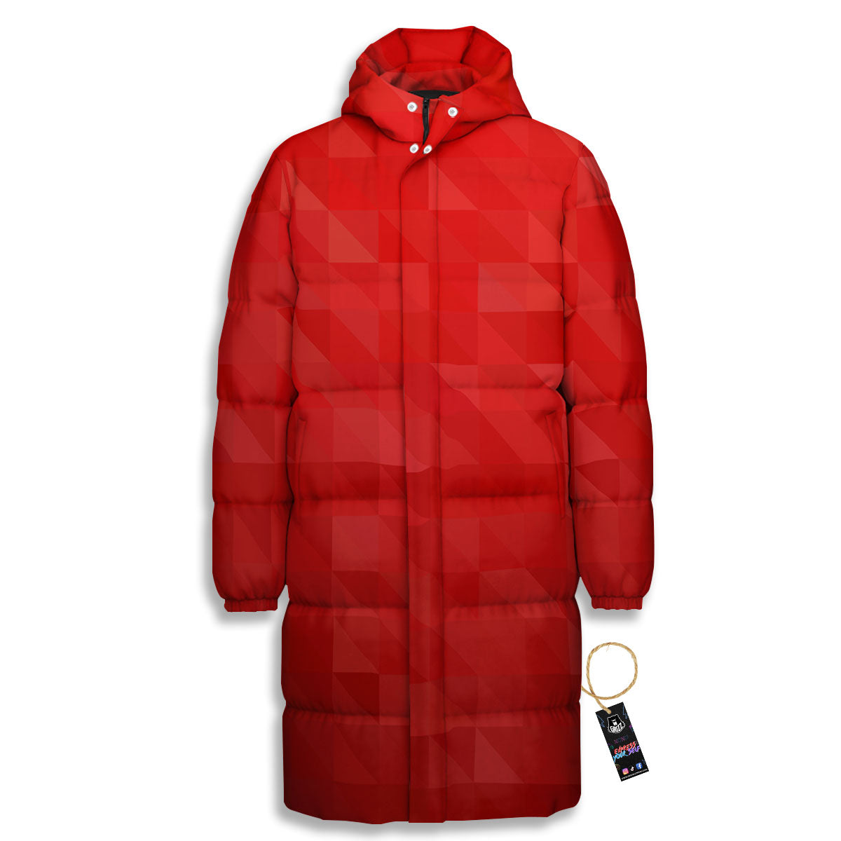 Geometric Red Polygonal Print Long Down Jacket-grizzshop