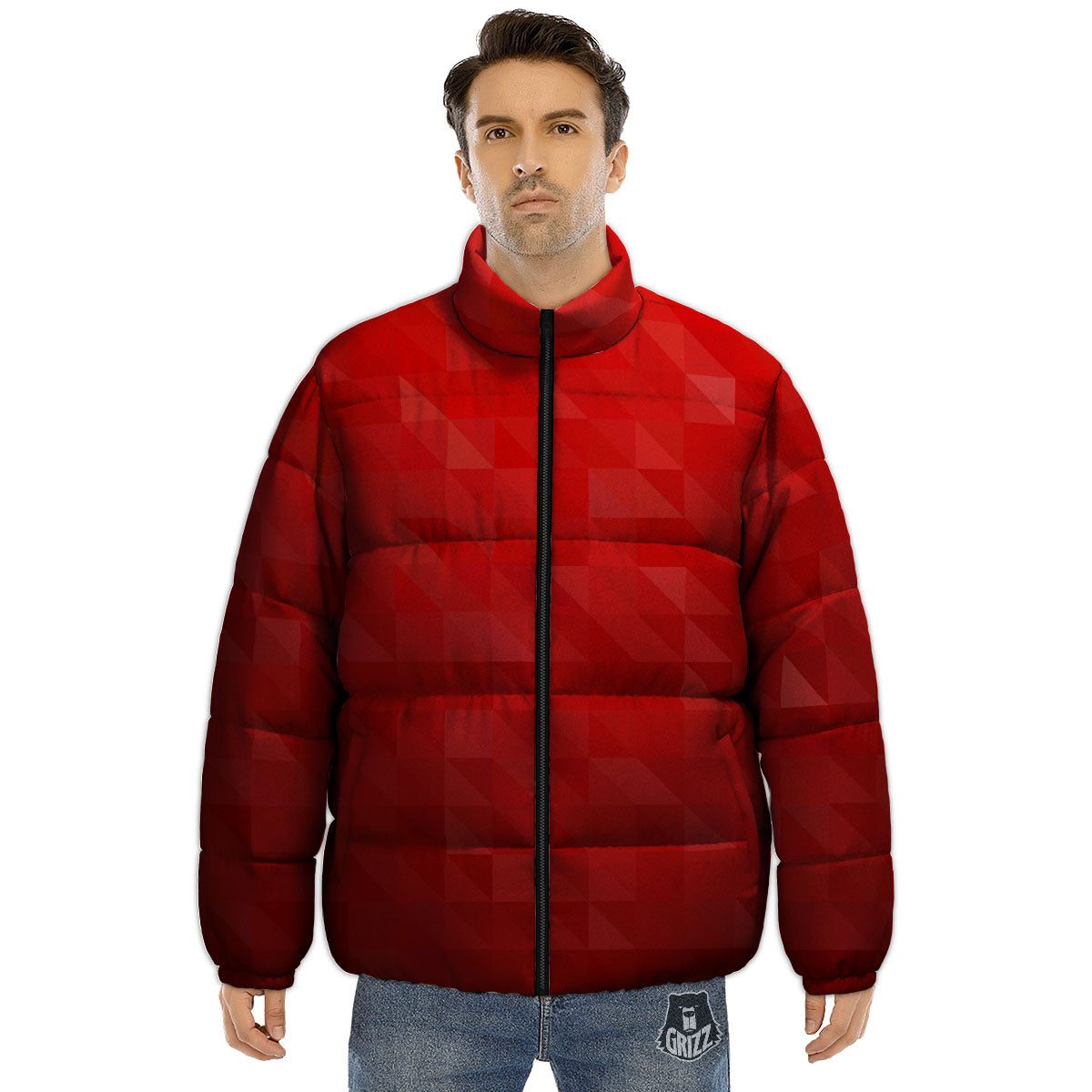 Geometric Red Polygonal Print Puffer Jacket-grizzshop