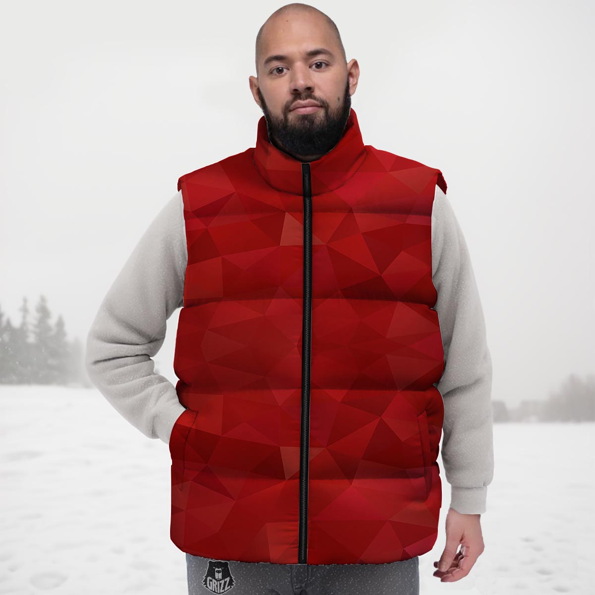 Geometric Red Print Pattern Down Vest-grizzshop