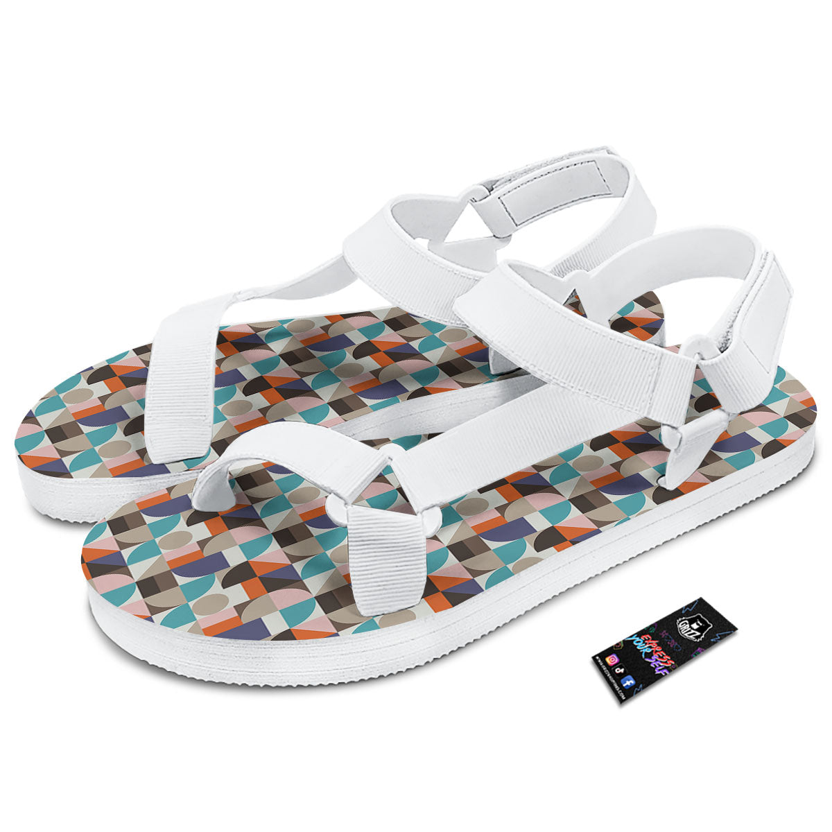 Geometric Shape Pastel Print Pattern White Open Toe Sandals-grizzshop
