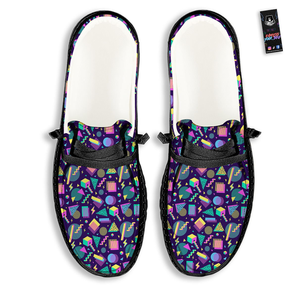 Geometric Shapes Neon Print Pattern Black Loafers-grizzshop
