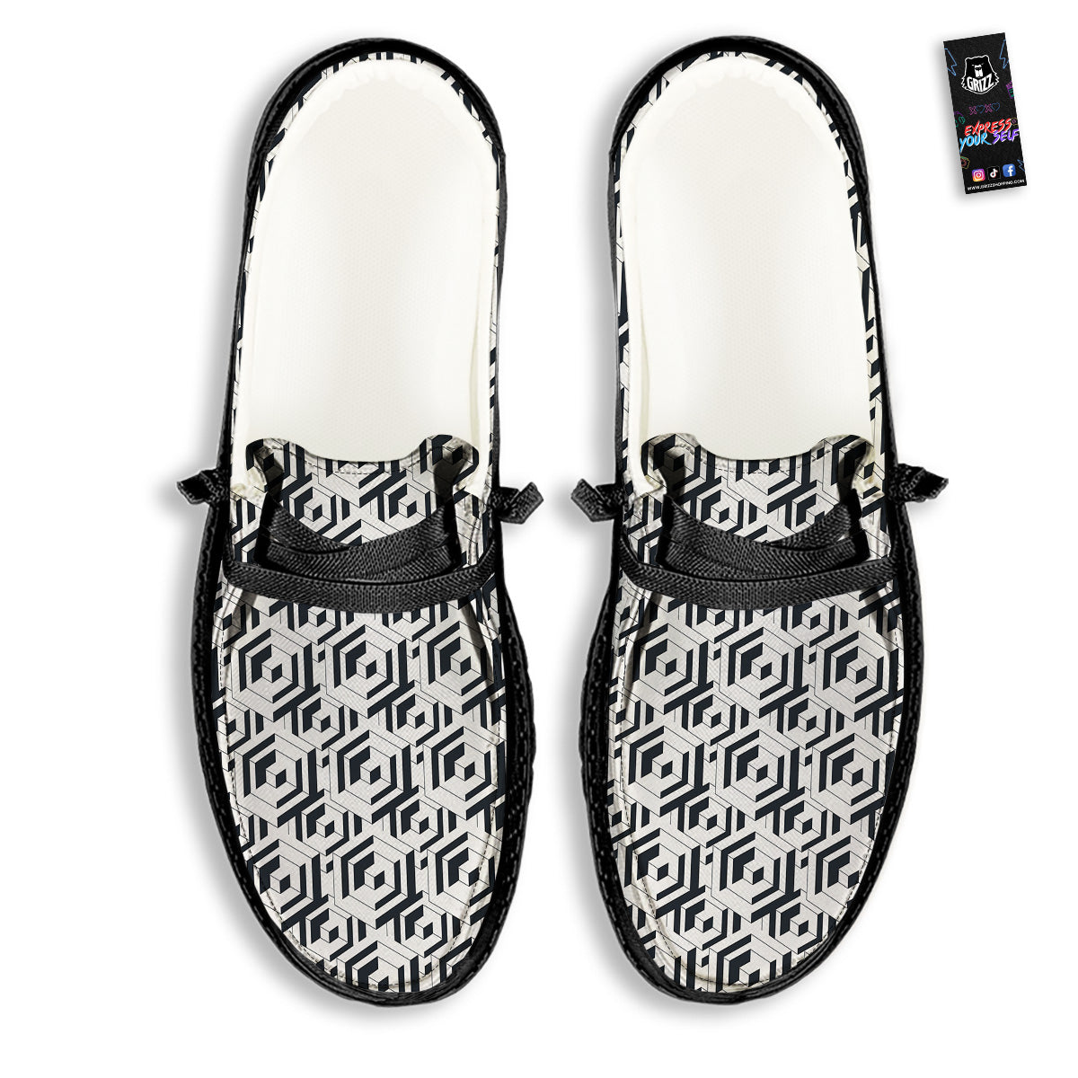 Geometric Simple Black And White Print Pattern Black Loafers-grizzshop