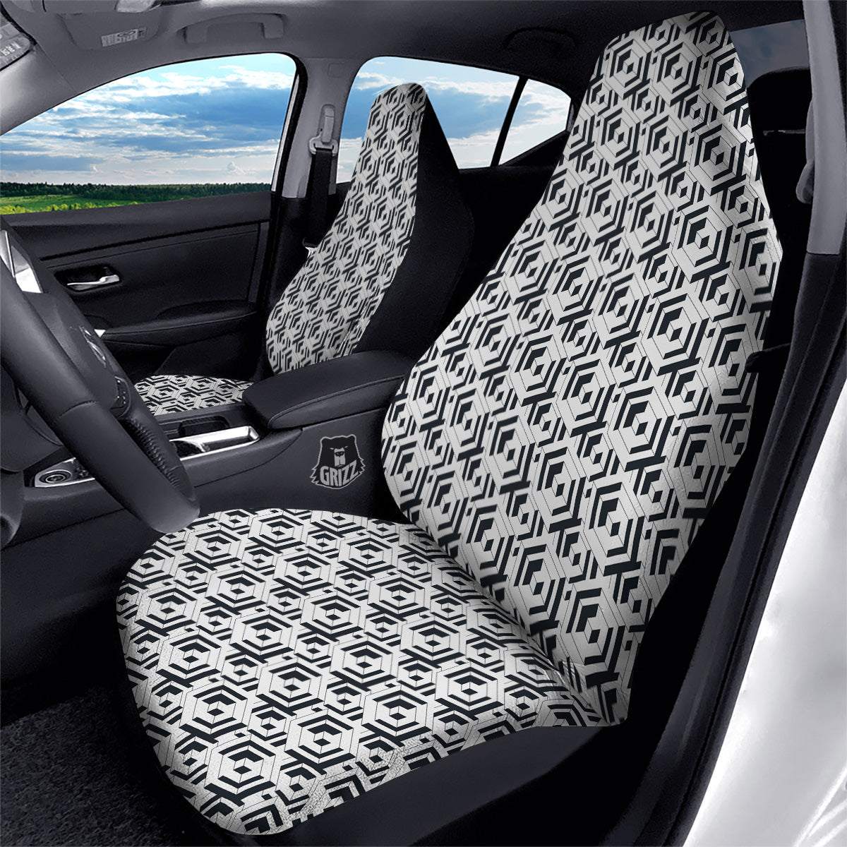 Geometric Simple Black And White Print Pattern Car Seat Covers-grizzshop