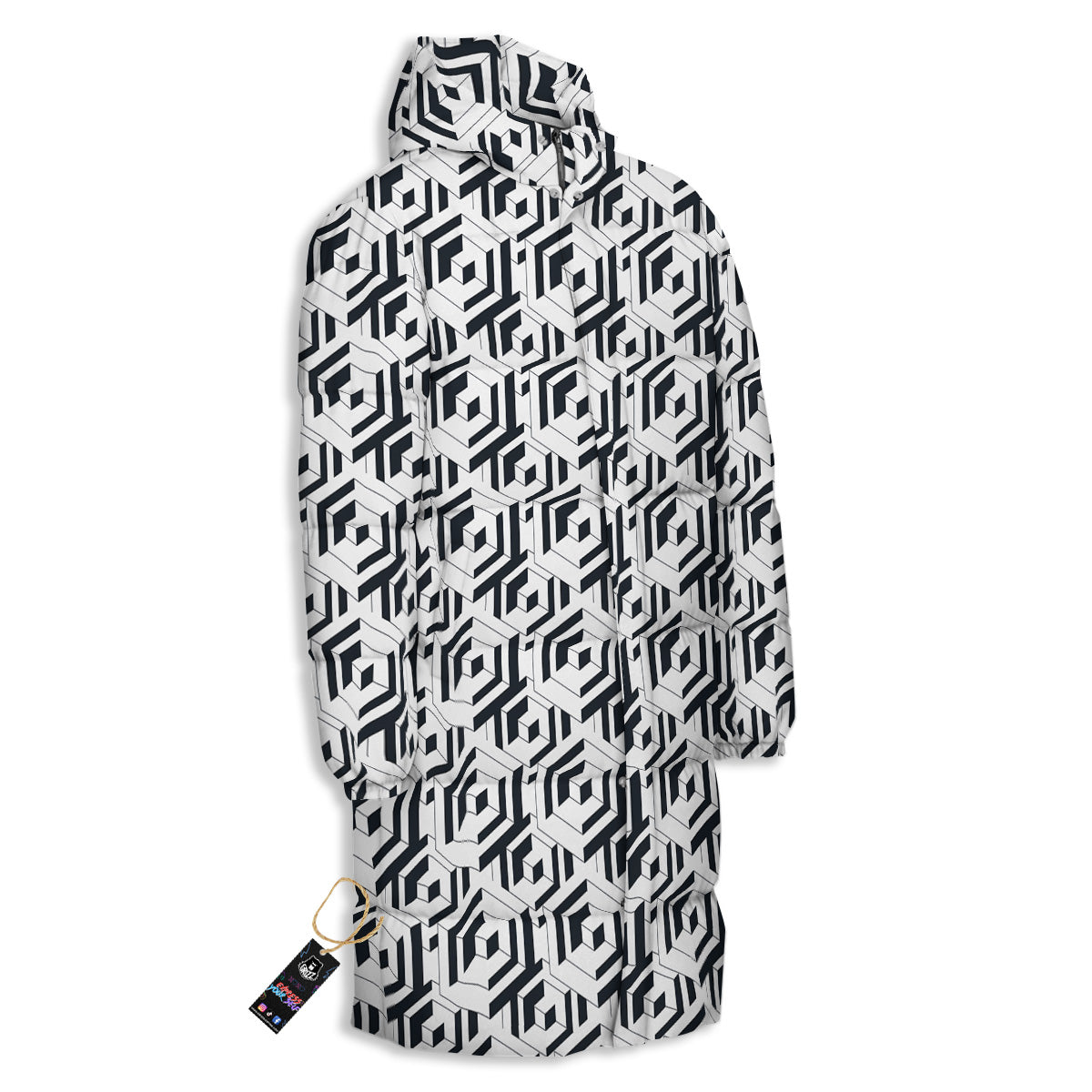 Geometric Simple Black And White Print Pattern Long Down Jacket-grizzshop