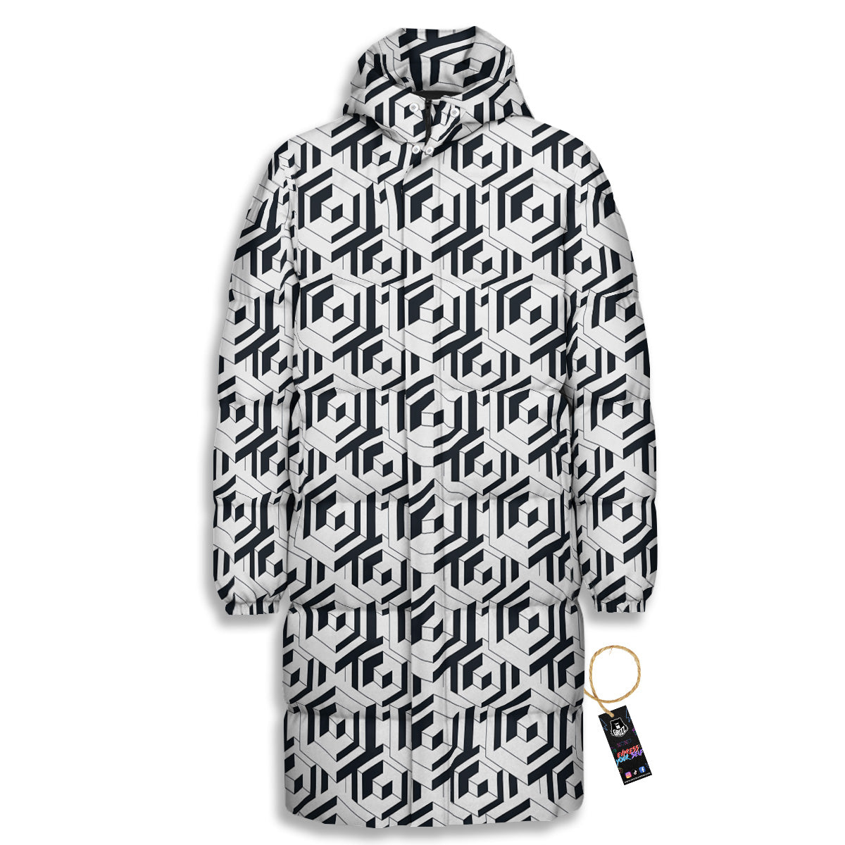 Geometric Simple Black And White Print Pattern Long Down Jacket-grizzshop