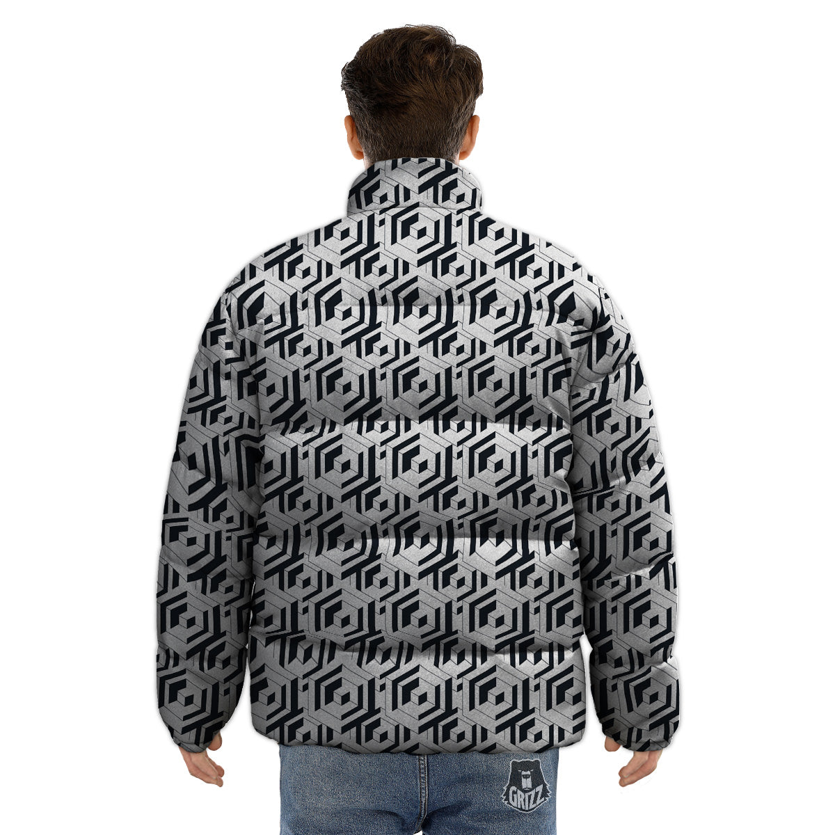 Geometric Simple Black And White Print Pattern Puffer Jacket-grizzshop