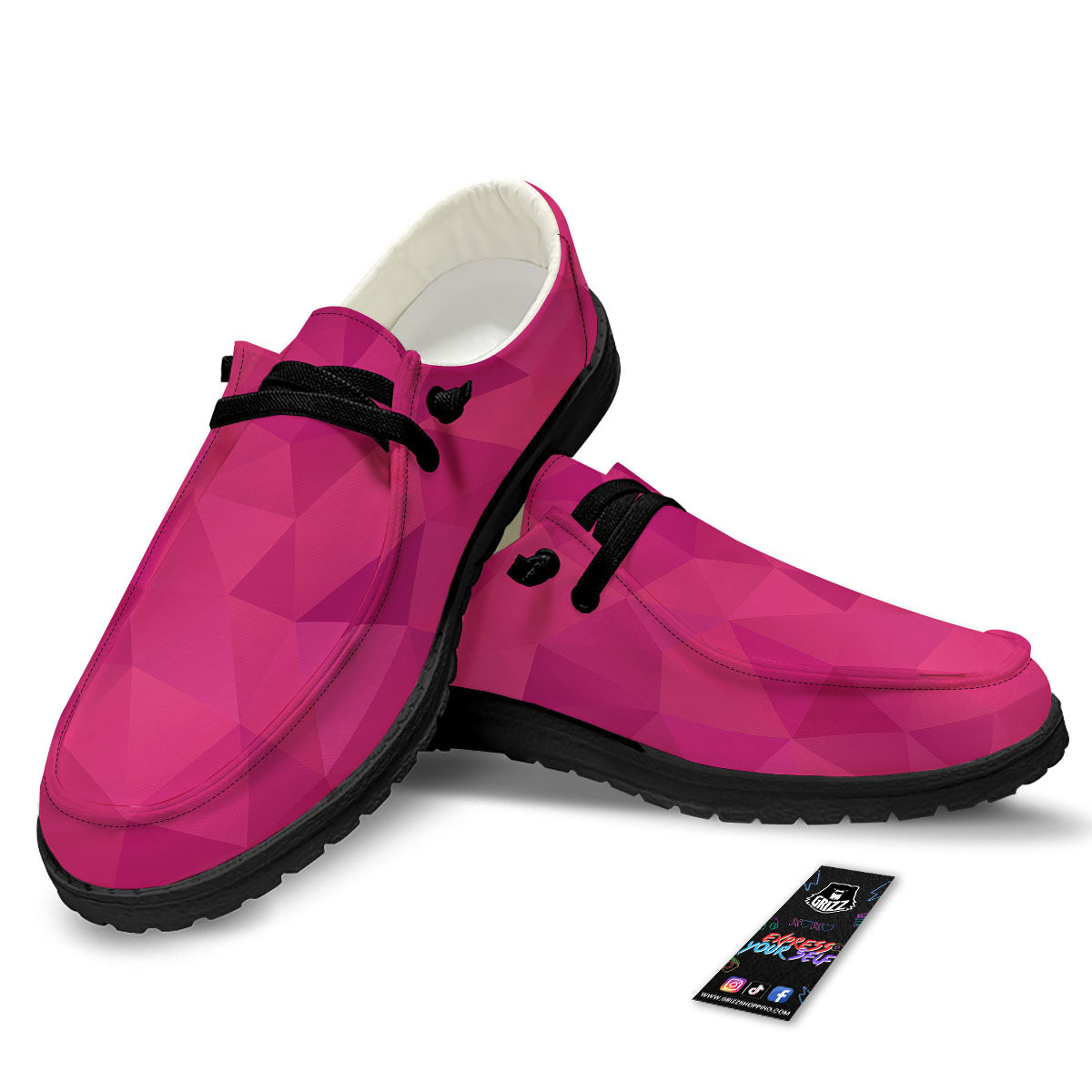 Geometric Square Pink Print Pattern Black Loafers-grizzshop