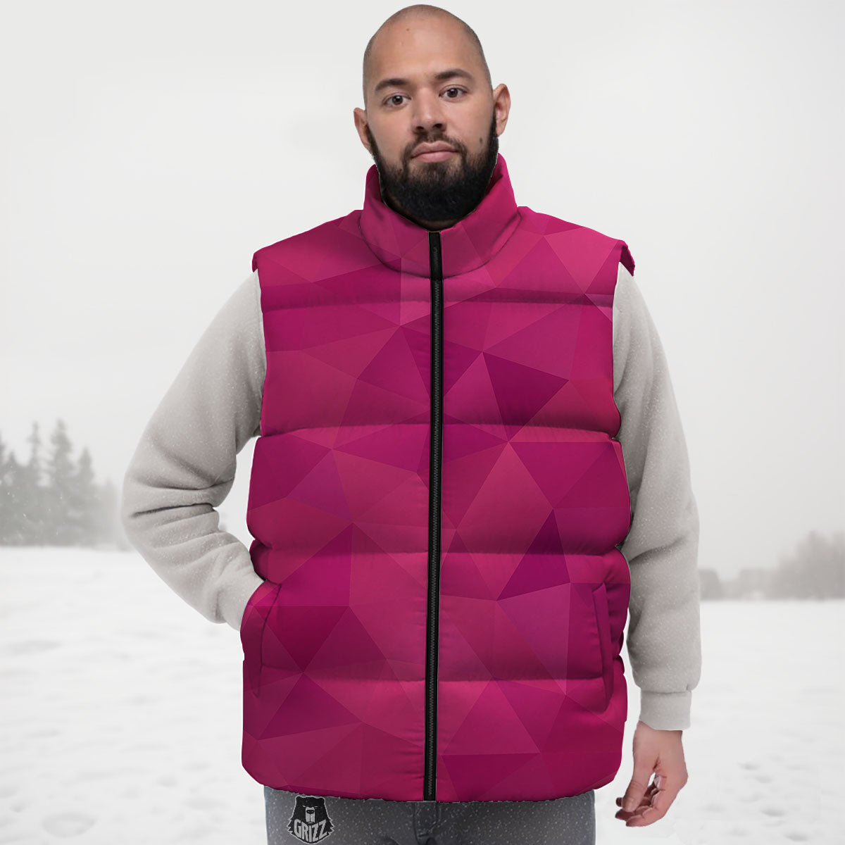 Geometric Square Pink Print Pattern Down Vest-grizzshop