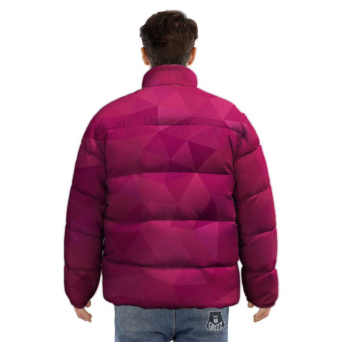 Geometric Square Pink Print Pattern Puffer Jacket-grizzshop