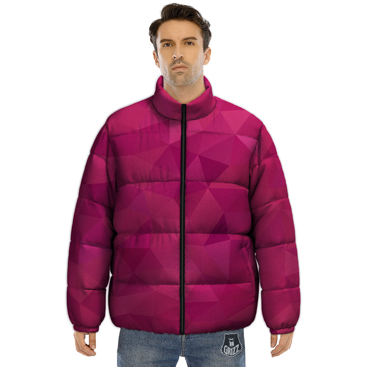 Geometric Square Pink Print Pattern Puffer Jacket-grizzshop