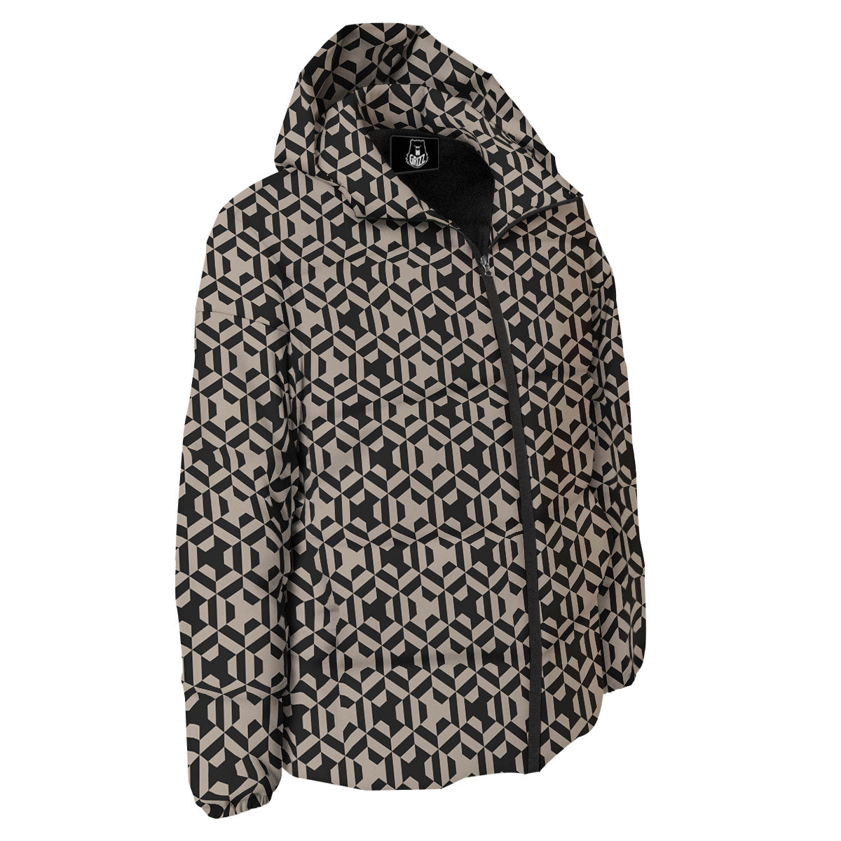 Geometric Triangle Beige And Black Print Down Jacket-grizzshop