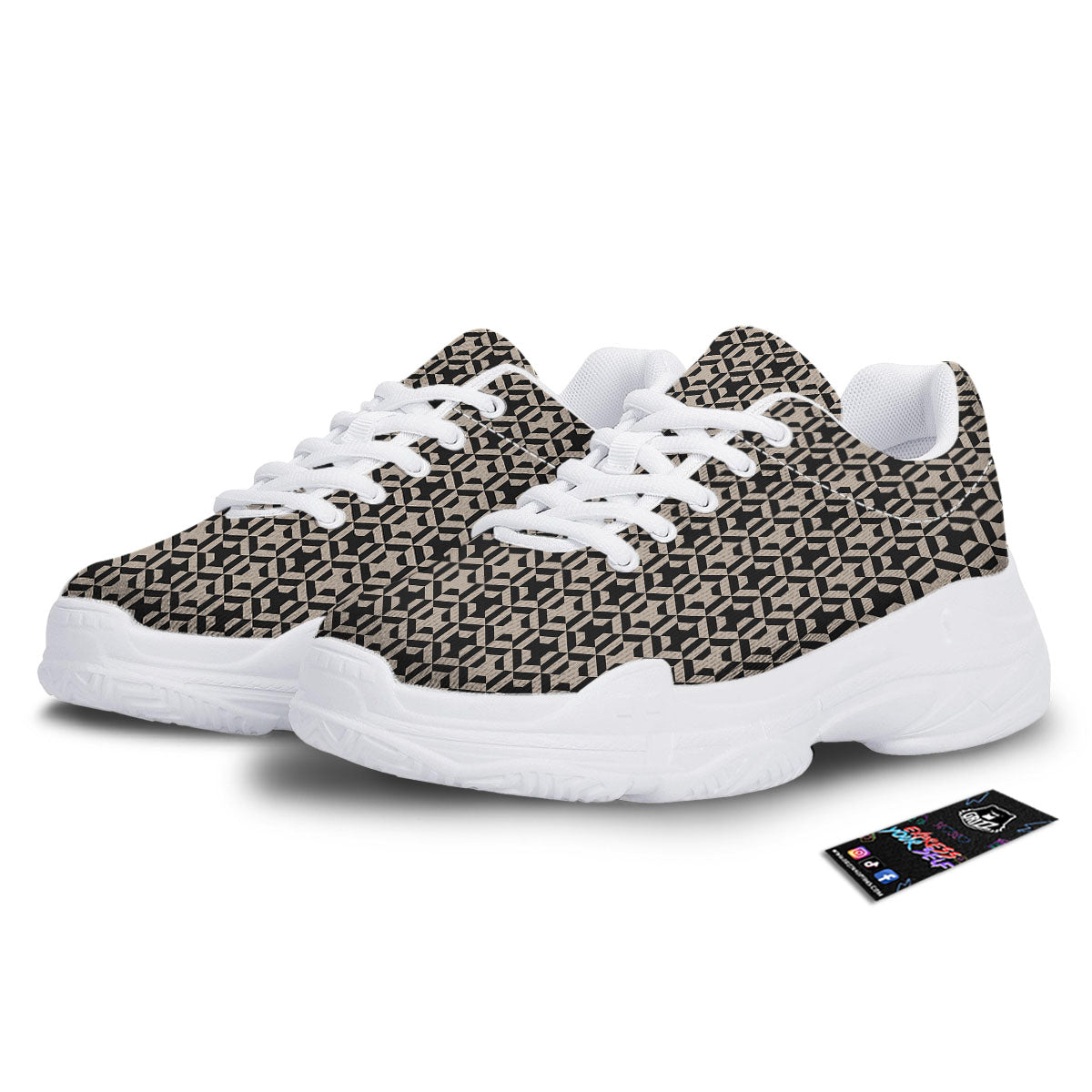 Geometric Triangle Beige And Black Print White Chunky Shoes-grizzshop
