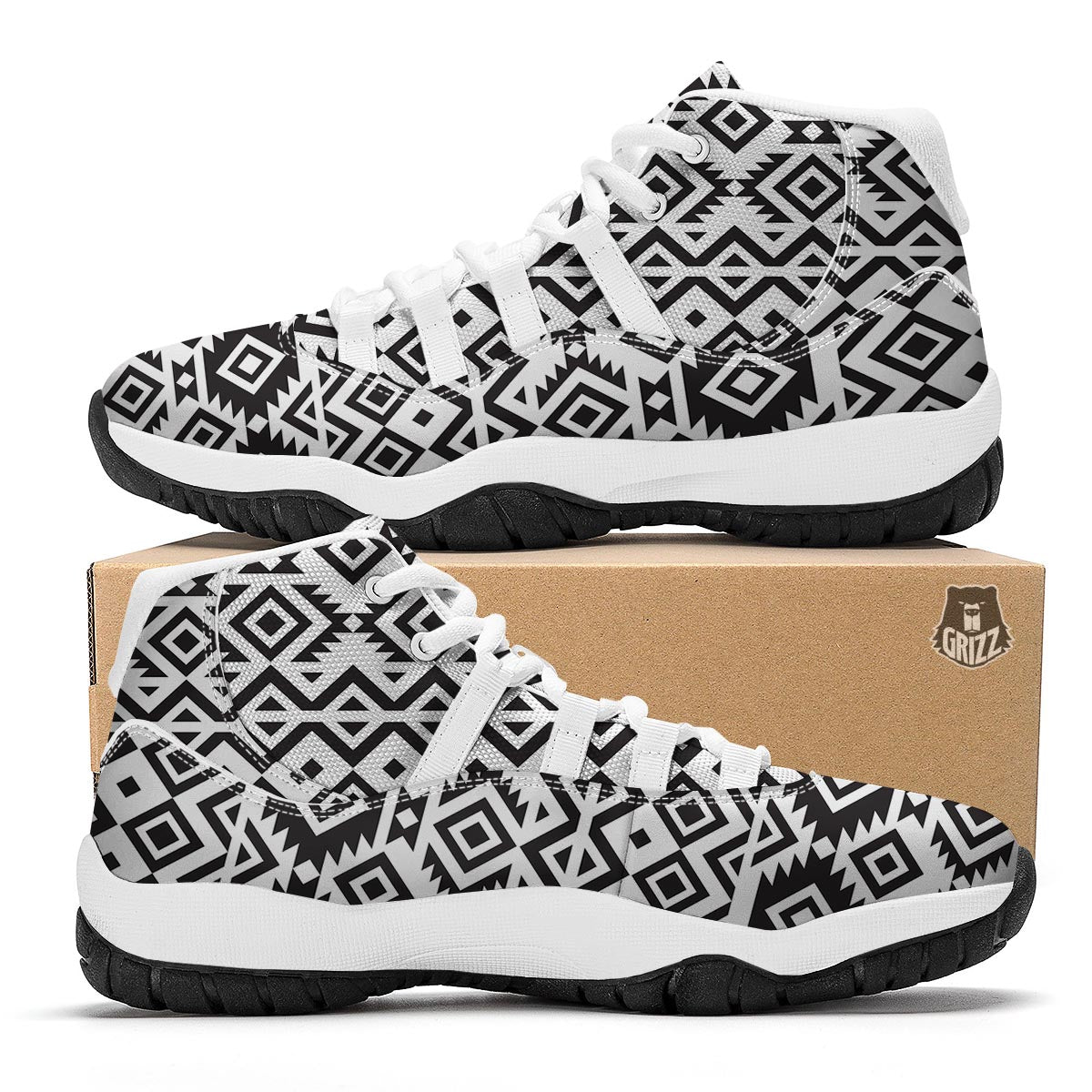 Geometric Tribal Aztec Print Pattern White Bball Shoes-grizzshop