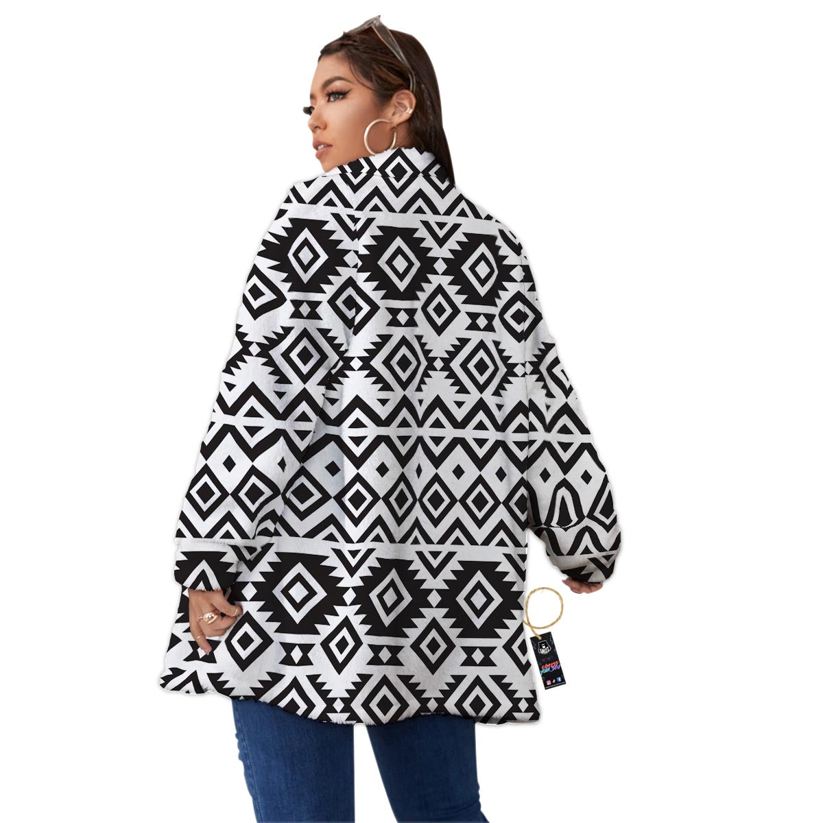 Geometric Tribal Aztec Print Pattern Women's Sherpa Jacket-grizzshop
