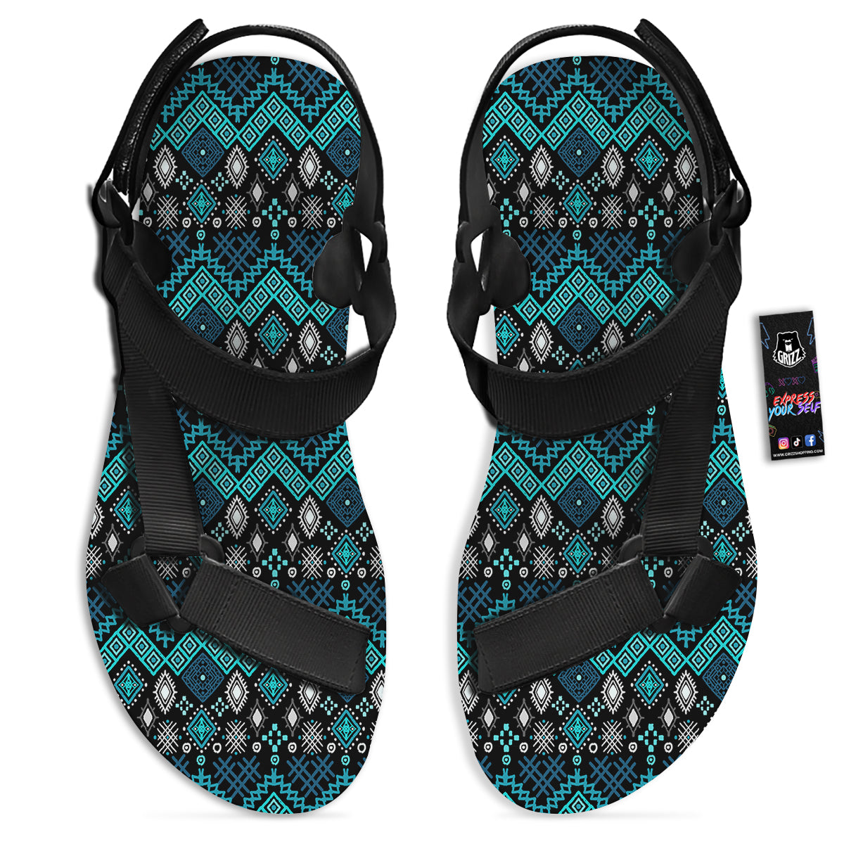 Geometric Turquoise Aztec Print Pattern Black Open Toe Sandals-grizzshop