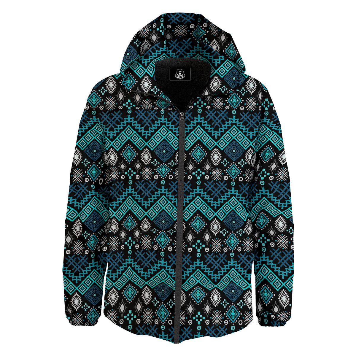 Geometric Turquoise Aztec Print Pattern Down Jacket-grizzshop