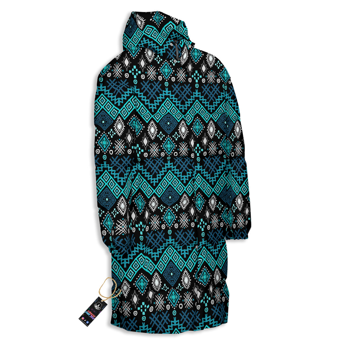 Geometric Turquoise Aztec Print Pattern Long Down Jacket-grizzshop