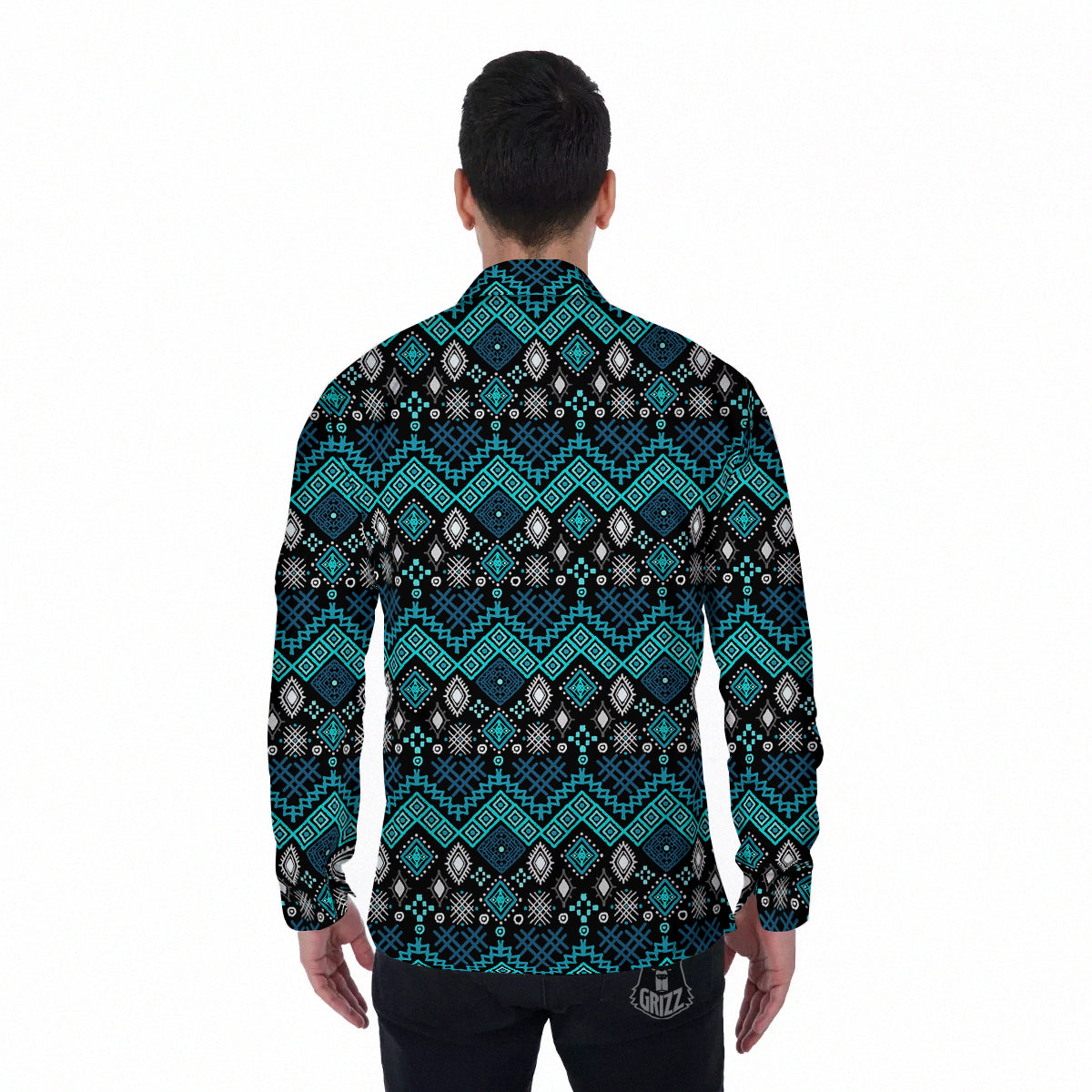 Geometric Turquoise Aztec Print Pattern Men's Long Sleeve Shirts-grizzshop