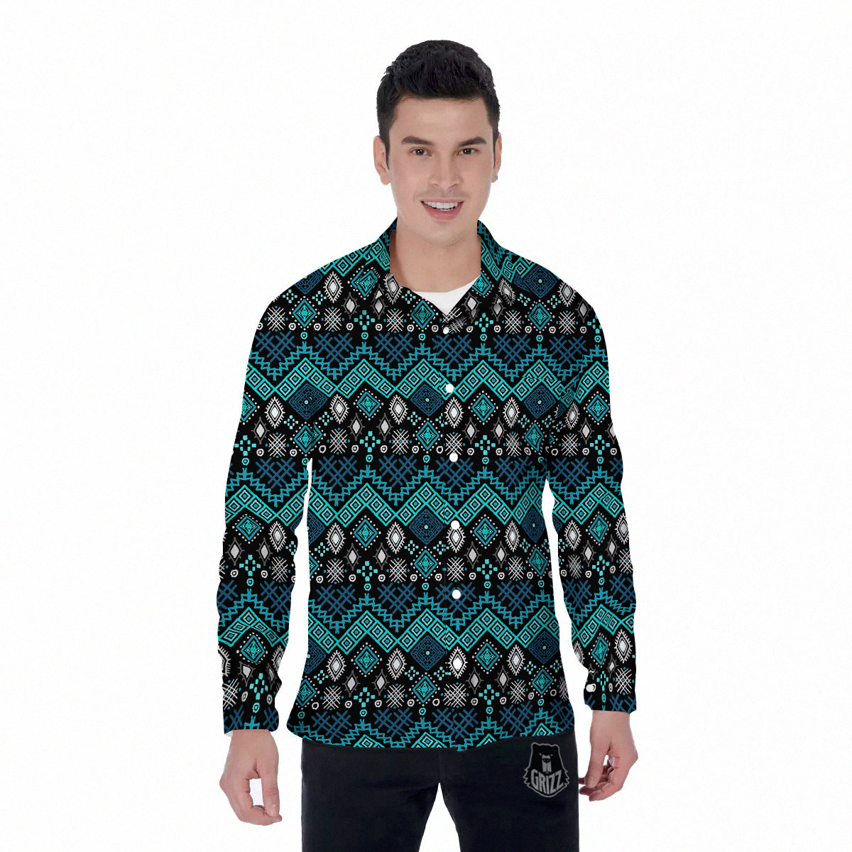 Geometric Turquoise Aztec Print Pattern Men's Long Sleeve Shirts-grizzshop