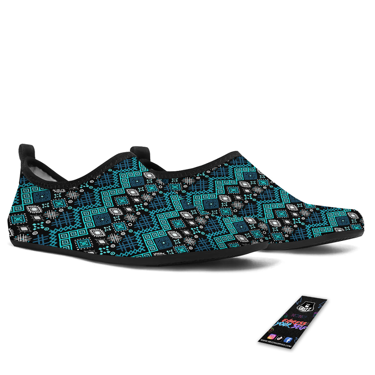 Geometric Turquoise Aztec Print Pattern Water Shoes-grizzshop