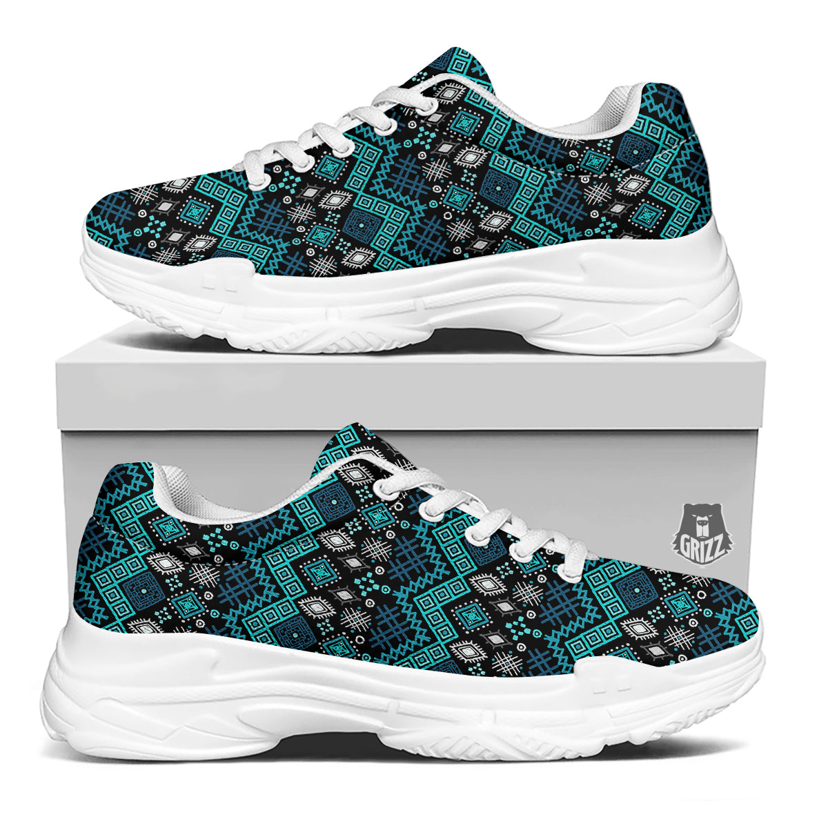 Geometric Turquoise Aztec Print Pattern White Chunky Shoes-grizzshop