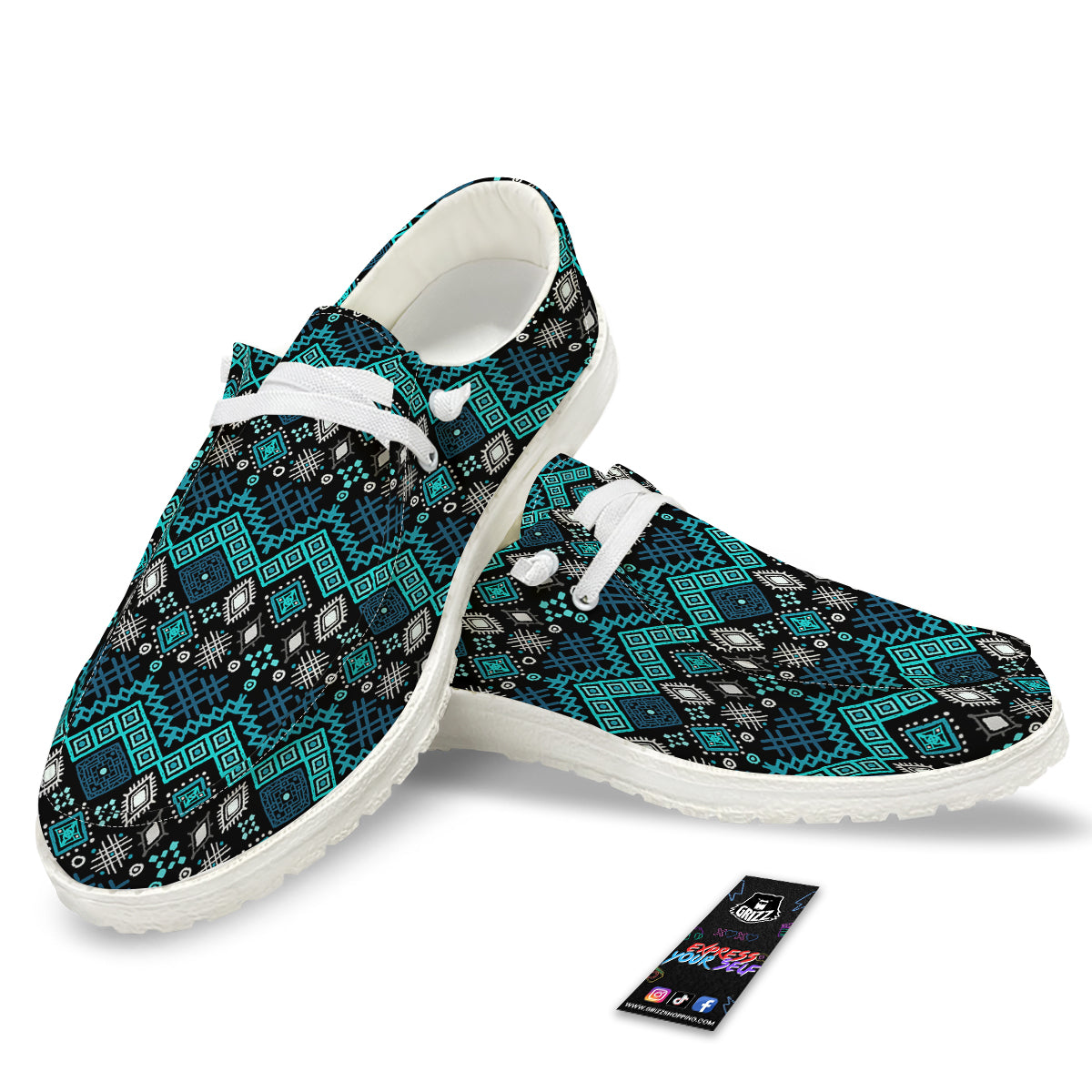 Geometric Turquoise Aztec Print Pattern White Loafers-grizzshop