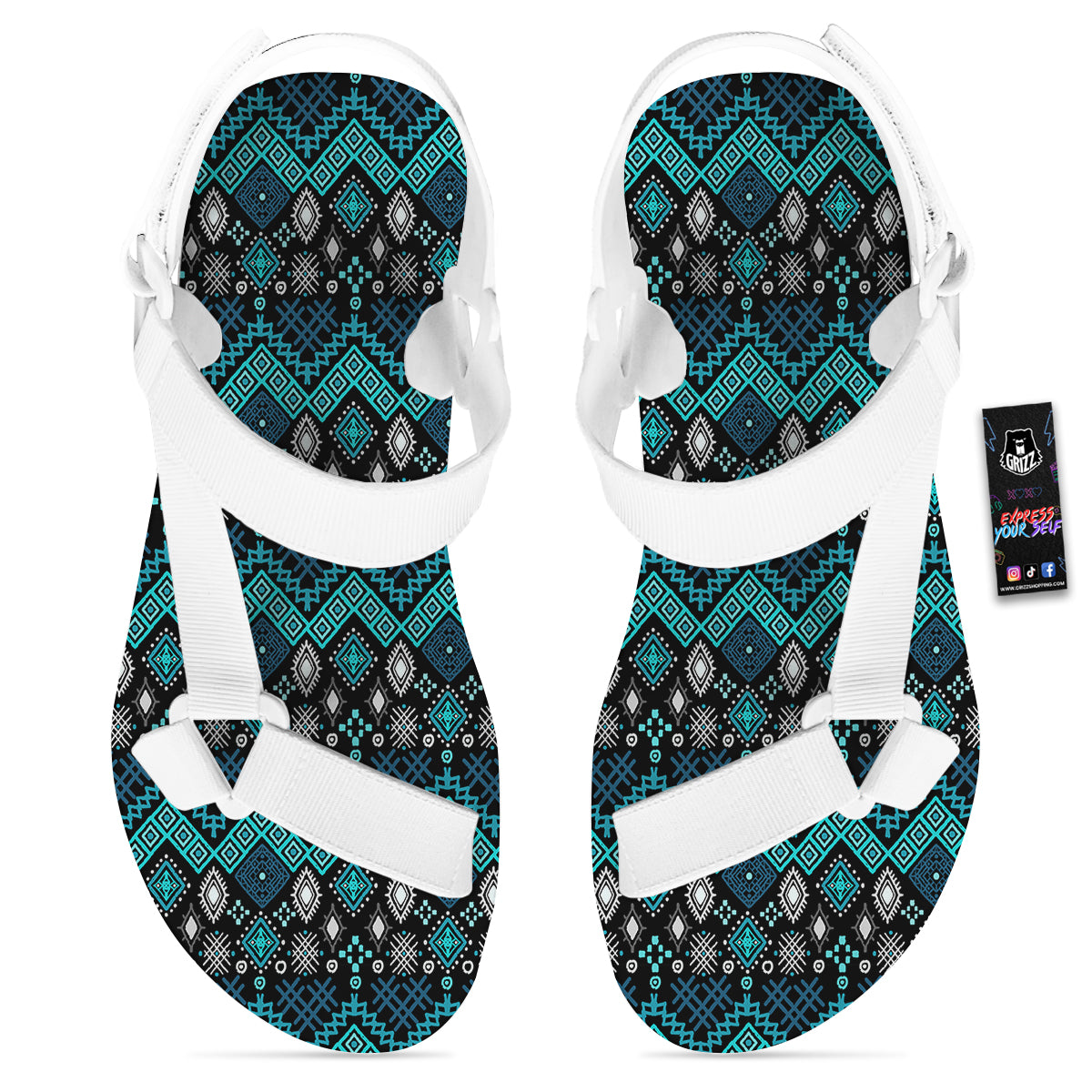Geometric Turquoise Aztec Print Pattern White Open Toe Sandals-grizzshop