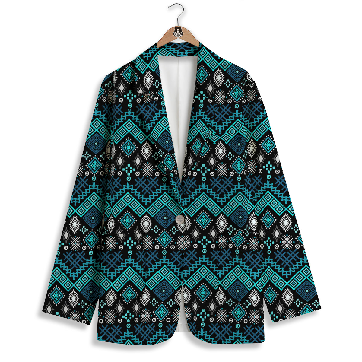 Geometric Turquoise Aztec Print Pattern Women's Blazer-grizzshop
