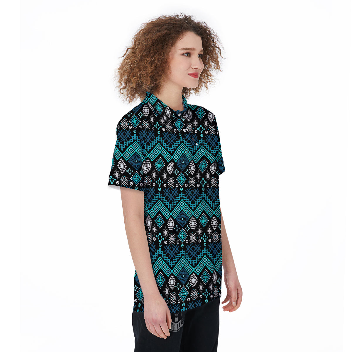 Geometric Turquoise Aztec Print Pattern Women's Golf Shirts-grizzshop