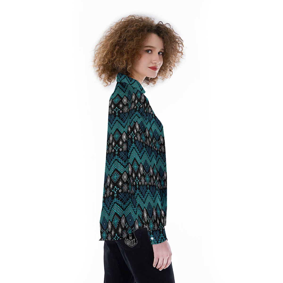 Geometric Turquoise Aztec Print Pattern Women's Long Sleeve Shirts-grizzshop