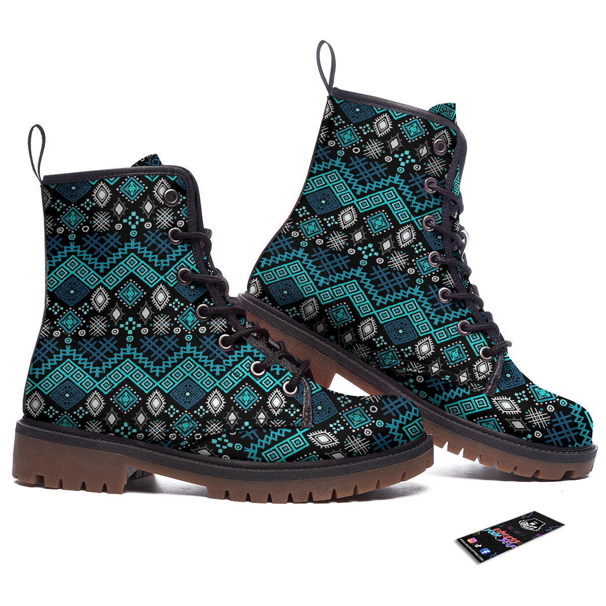 Geometric Turquoise Aztec Print Pattern Work Boots-grizzshop