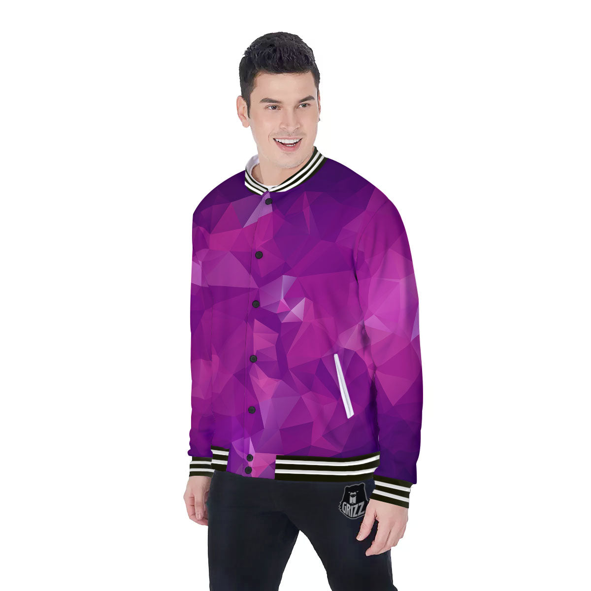 Geometric Violet Polygonal Print Baseball Jacket-grizzshop