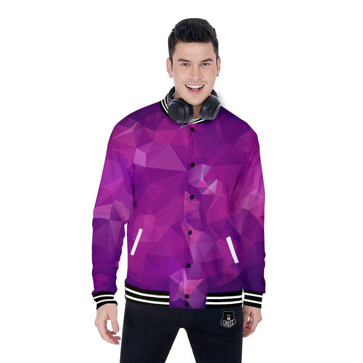 Geometric Violet Polygonal Print Baseball Jacket-grizzshop