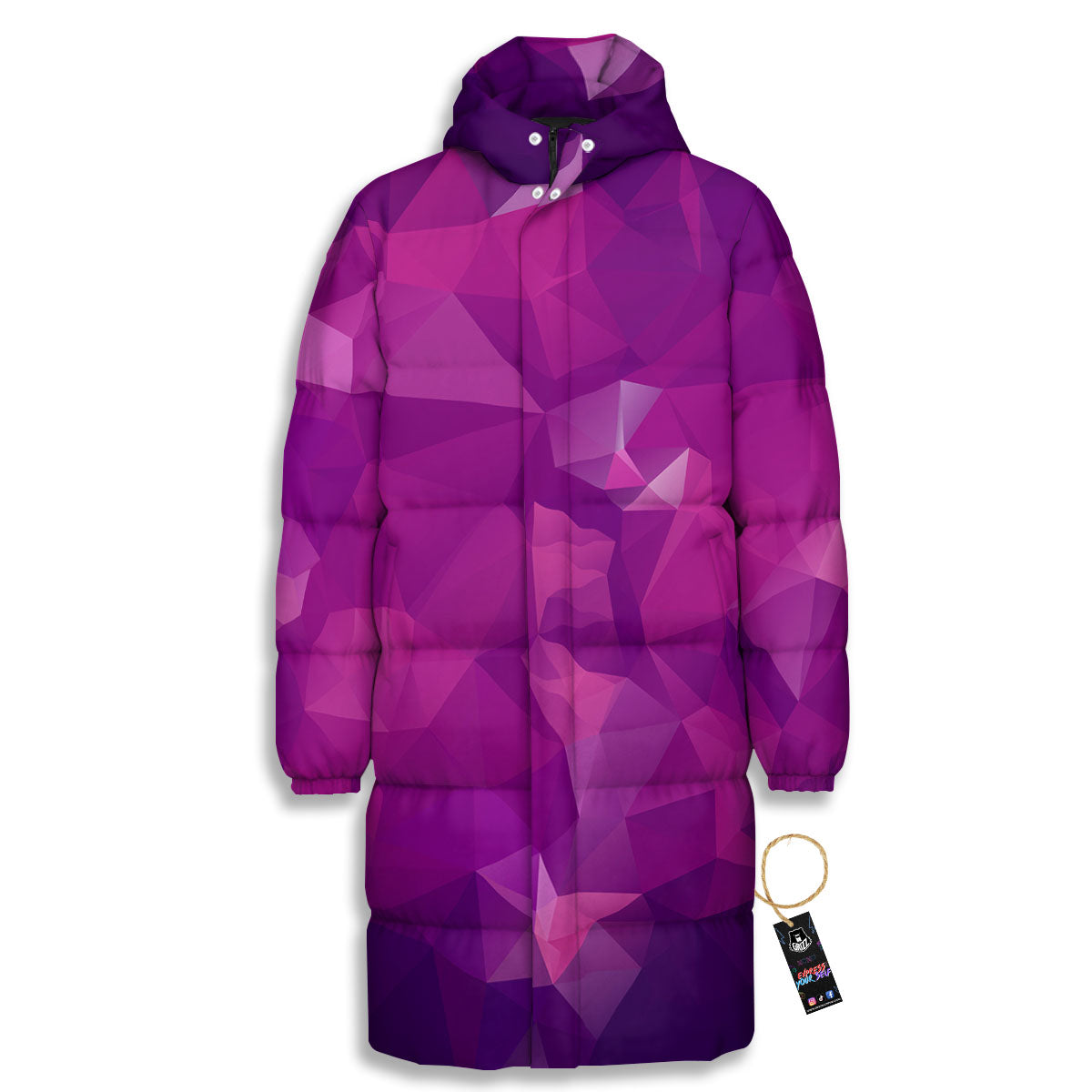 Geometric Violet Polygonal Print Long Down Jacket-grizzshop