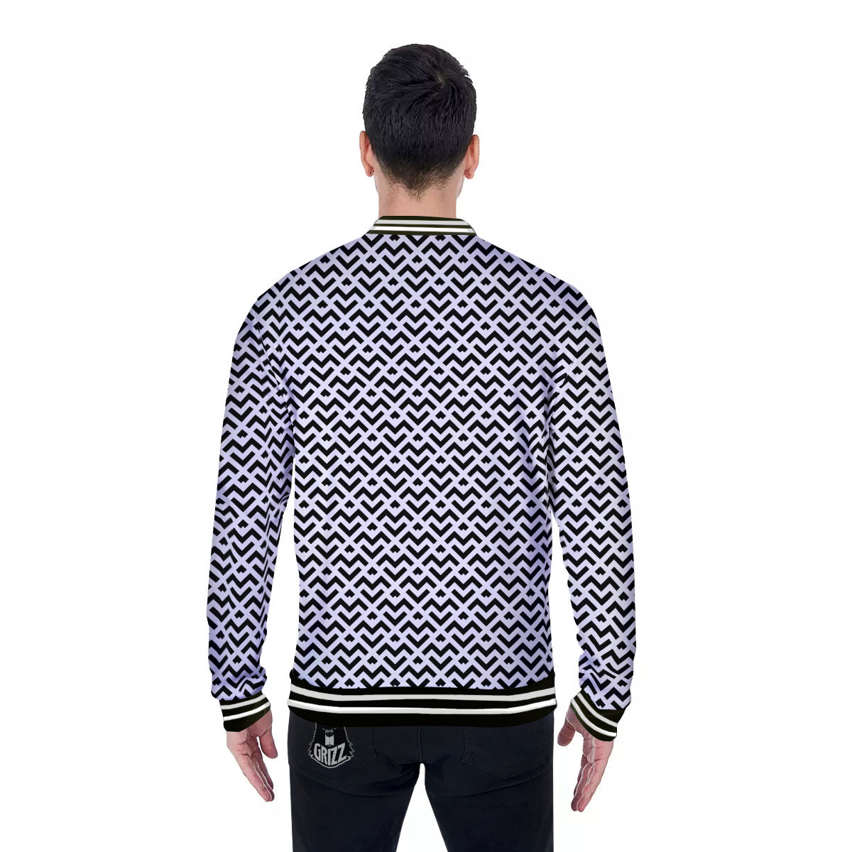 Geometric White And Black Print Pattern Baseball Jacket-grizzshop