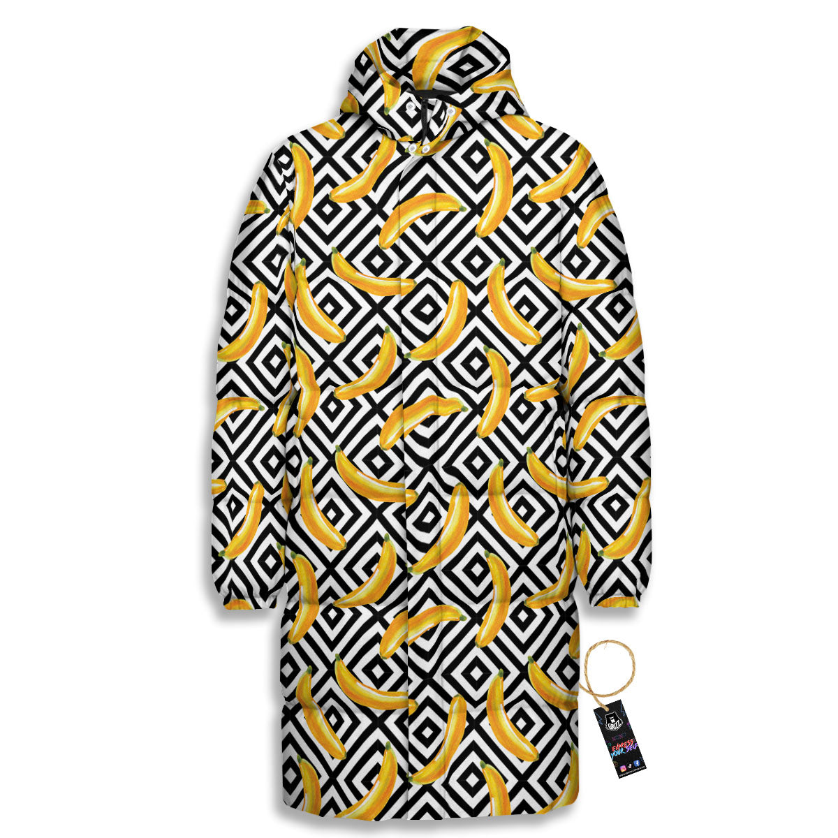 Geometric Banana White And Black Print Long Down Jacket