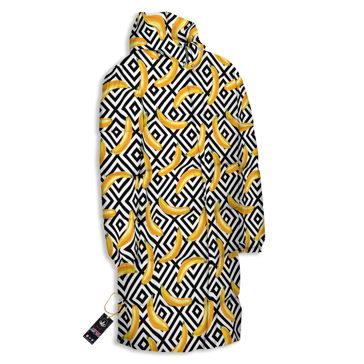 Geometric Banana White And Black Print Long Down Jacket