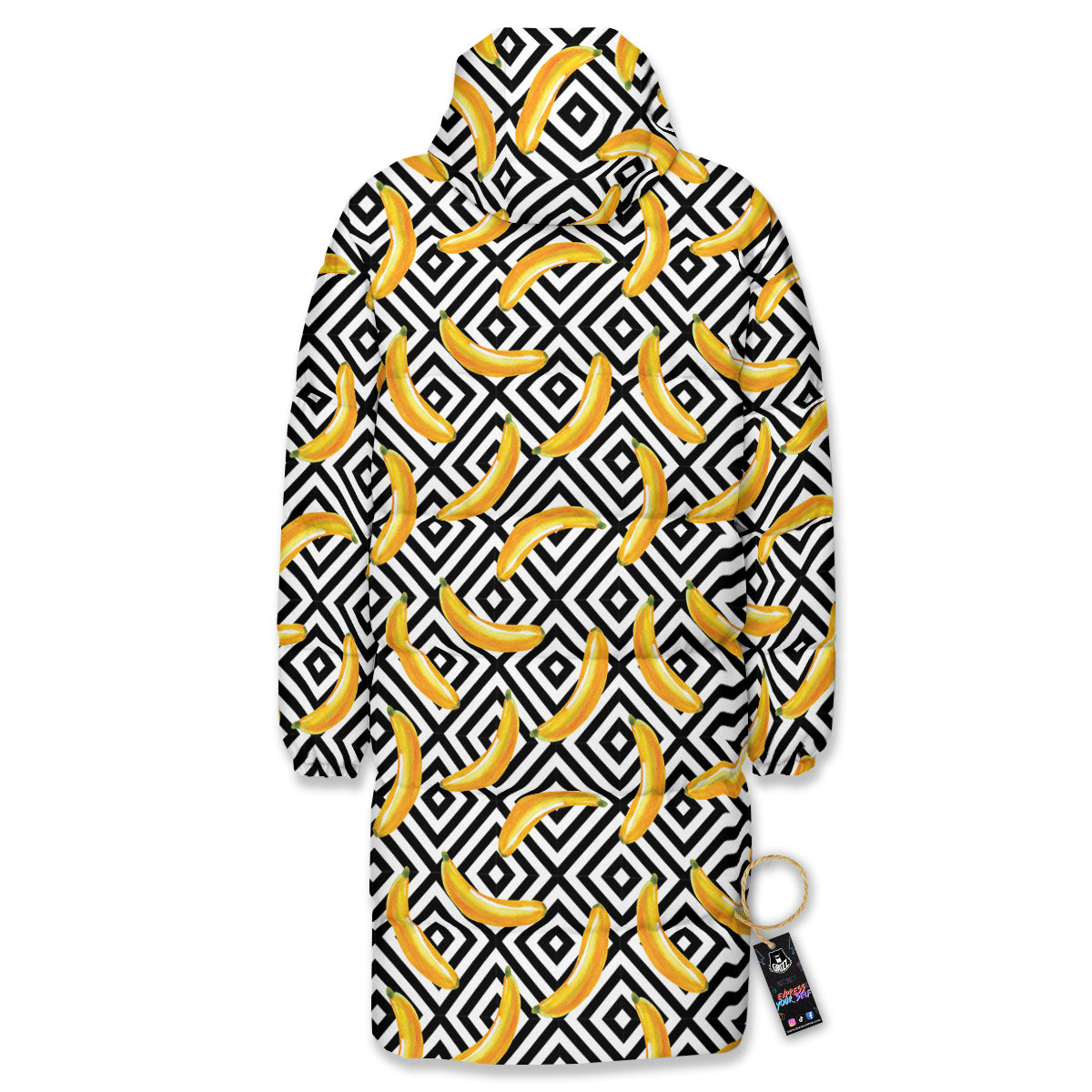 Geometric Banana White And Black Print Long Down Jacket