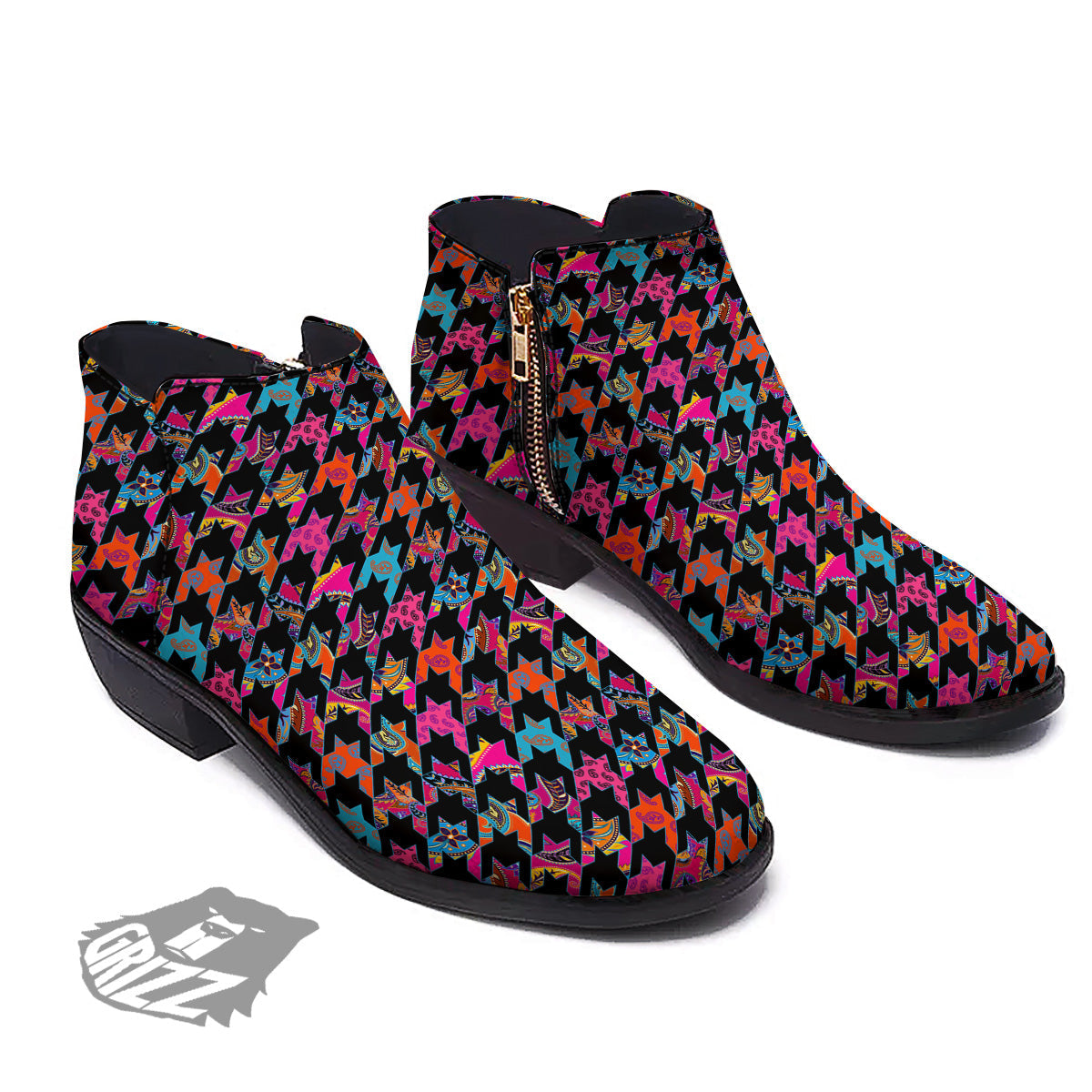 Geometrical Houndstooth And Paisley Print Pattern Ankle Boots-grizzshop