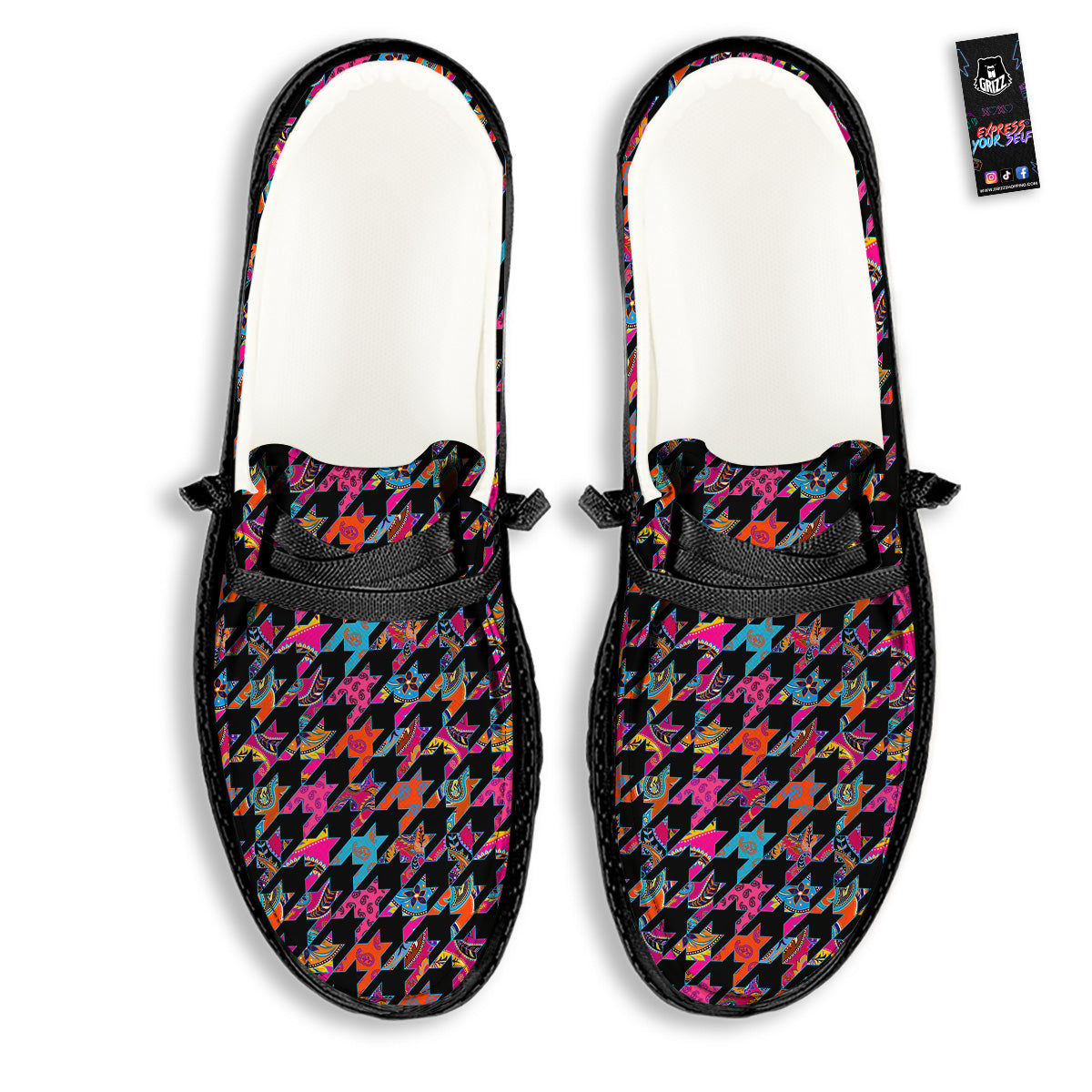 Geometrical Houndstooth And Paisley Print Pattern Black Loafers-grizzshop